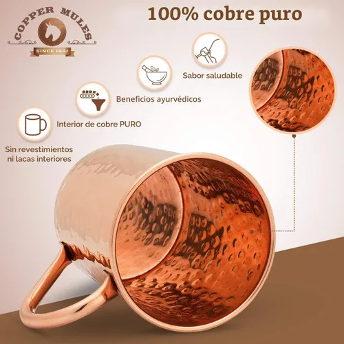Miniatura 2 de Copper Mules Taza de Cobre PURO Interior de Cobre CRUDO Ideal para Beneficios de Salud Ayurvédicos y Moscow Mules - Acabado Martillado a Mano