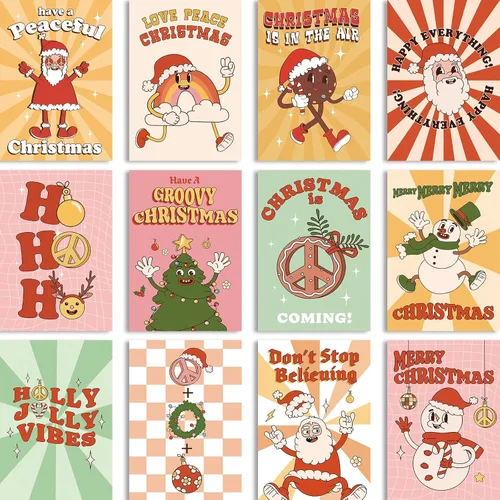 Obbyidk Juego de 24 tarjetas de Navidad estilo Memphis, surtido de tarjetas de Navidad bohemias con sobres, coloridas tarjetas navideñas para niños,