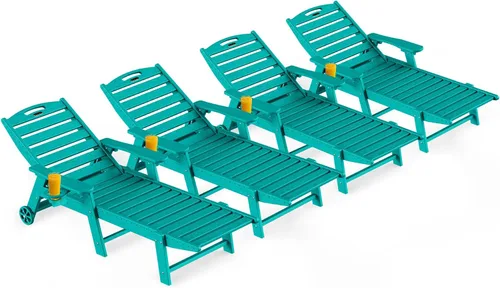 Miniatura 11 de Ciokea Silla de Descanso para Exteriores, Tumbona de Gran Tamaño con 5 Posiciones, HDPE, Silla de Descanso de Patio con Ruedas y Portavasos para Gris