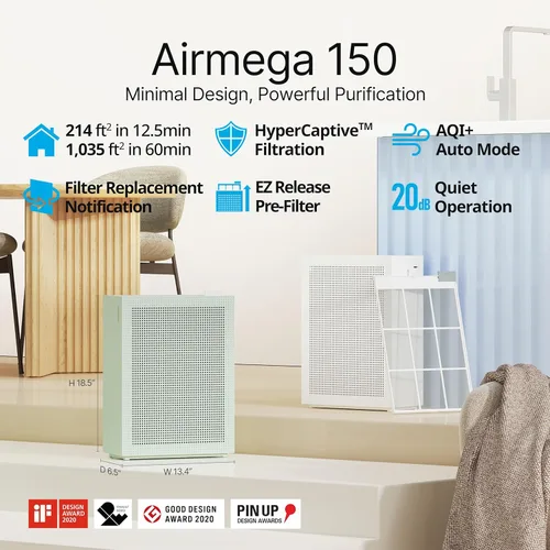 Miniatura 2 de Purificadores de aire Coway para el hogar y dormitorio hasta 1,035 pies cuadrados con filtro lavable, filtro HEPA verdadero para humo, polen, caspa