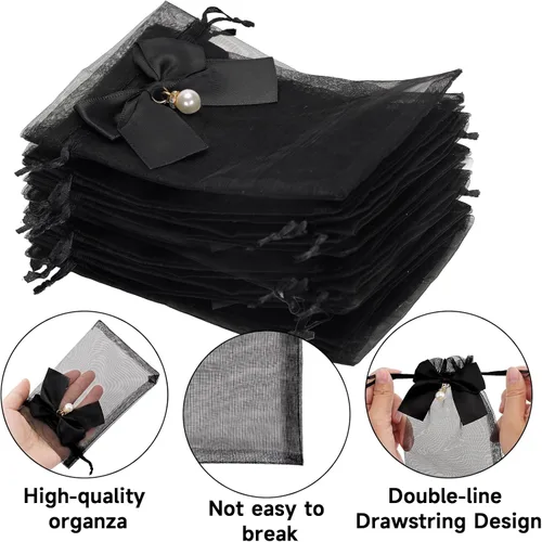 Miniatura 3 de joycraft Bolsas de organza de 4 x 6 pulgadas con lazo, 30 bolsas negras para recuerdos de fiesta, bolsas de joyería con cordón, bolsas de malla