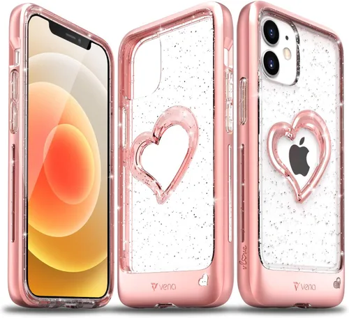 VENA Funda para iPhone 12 Mini con purpurina, vLove (forma de corazón, protección de CornerGuard), funda híbrida delgada y transparente de doble