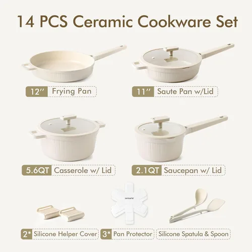 Miniatura 5 de SENSARTE Juego de batería de cocina de cerámica no tóxico de 14 piezas, juego de ollas y sartenes antiadherentes, apto para lavavajillas, cocina