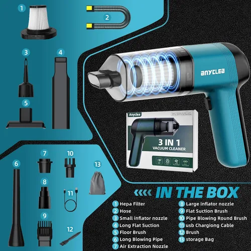 Miniatura 7 de Aspiradora de mano inalámbrica para automóvil, 12000PA de alta potencia, fuerte succión quitapelusas y soplador de aire, mini aspiradora portátil