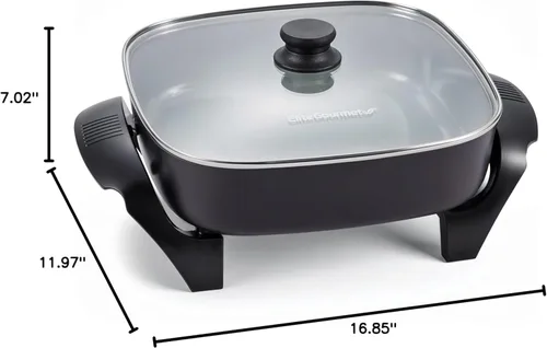 Miniatura 8 de Elite Gourmet Sartén eléctrica de cerámica sin PFAS, extra profunda de 12 x 12 x 3 pulgadas, menos salpicaduras, apto para lavavajillas, calor