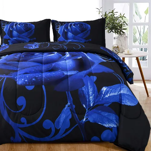 Miniatura 11 de WONGS BEDDING Juego de edredón azul tamaño matrimonial, juego de edredón reversible con estampado de rosas azules con 2 fundas de almohada