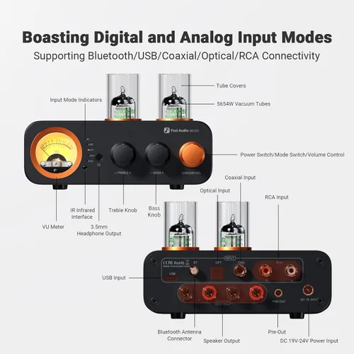 Miniatura 6 de Fosi Audio MC331 Amplificador integrado con tubo y DAC, amplificador de potencia estéreo de 2 canales para audio doméstico para altavoces
