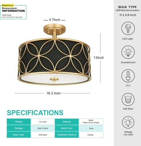 Miniatura 5 de Edwarmlux Lámpara de techo semiempotrada de 3 luces, luz de tambor de 16 pulgadas con pantalla de tela, moderna lámpara de techo para sala de estar