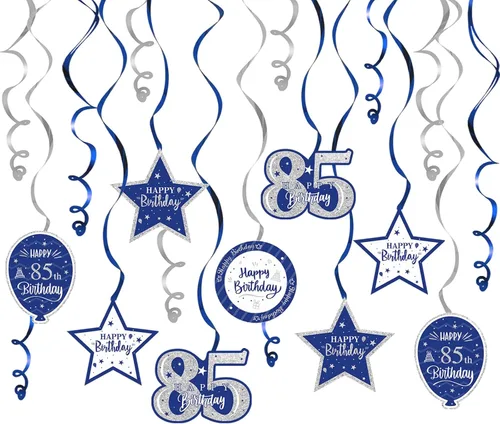 Miniatura 43 de Decoración de fiesta de serpentinas con purpurina azul y plateada de feliz 11º cumpleaños, 15 piezas de remolinos colgantes de 11 cumpleaños, cartel