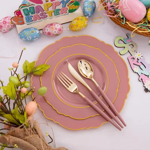 Miniatura 8 de NERVURE - 102 platos de plástico dorados, diseño de cristal transparente, desechables, para fiestas de boda; incluye 51 platos de plástico para cena