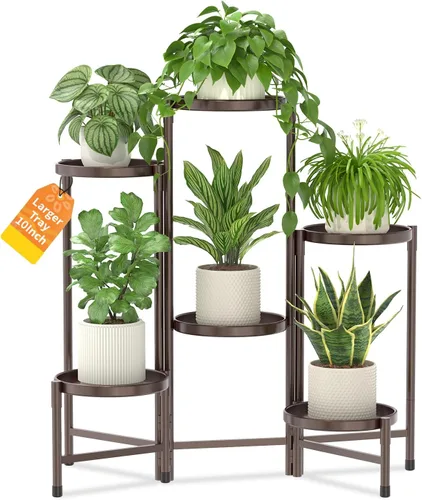 Miniatura 22 de LASZOLA Soporte plegable para plantas de interior de 7 niveles para múltiples macetas grandes, estante ajustable alto y resistente con bandeja de 10
