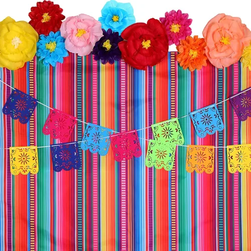 TaoBary Juego de 15 piezas de decoración de fiesta mexicana, flores de papel de seda de 71 x 43 pulgadas, telón de fondo de rayas de color mexicano,