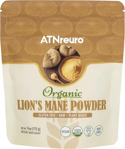 Polvo orgánico de hongo de melena de león, 4 onzas, 100% puro y natural, apoyo para la salud cerebral para la memoria, el enfoque y la regeneración