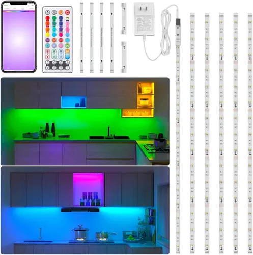 RGBW - Kit de iluminación para debajo del gabinete con aplicación y control remoto, 6 tiras de luces LED para armario de cocina, mostrador, estante