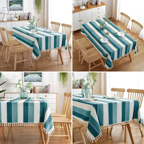 Miniatura 4 de AmHoo Mantel rectangular con borlas a rayas para mesa de cocina y comedor, 55 x 55 pulgadas, color verde azulado