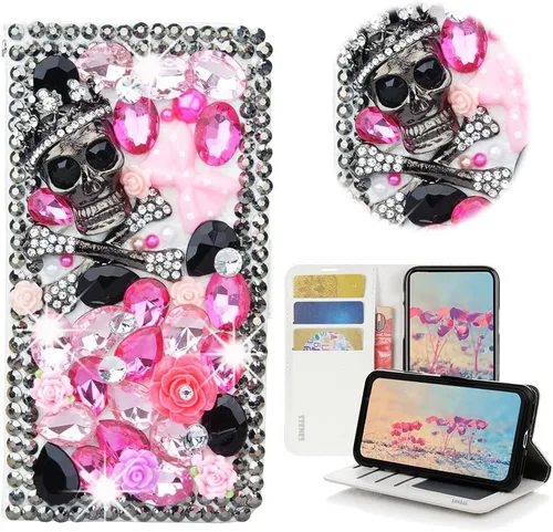Miniatura 10 de Bling Wallet - Funda de piel compatible con iPhone 11, elegante, hecha a mano en 3D, diseño de mariposa, rosas, flores y diamantes de imitación