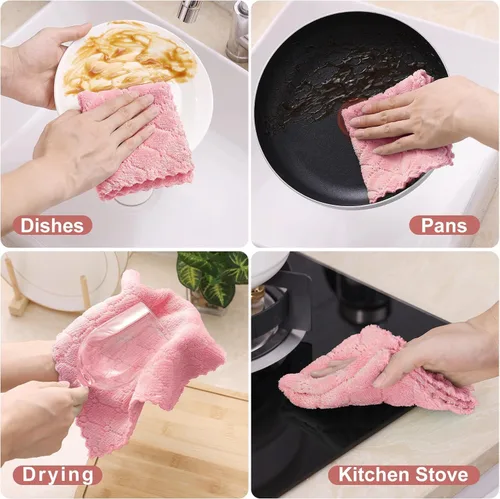 Miniatura 4 de Homaxy - Paquete de 12 trapos de cocina (10 x 10 pulgadas, rosado), de terciopelo coral, supersuaves y absorbentes, de secado rápido, paño