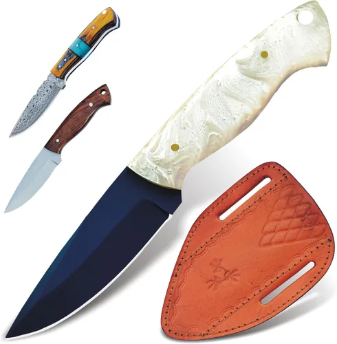 Cuchillo de caza de acero inoxidable con funda, desollado afilado con mango de resina, hoja fija pequeña hecha a mano de 8 pulgadas, supervivencia