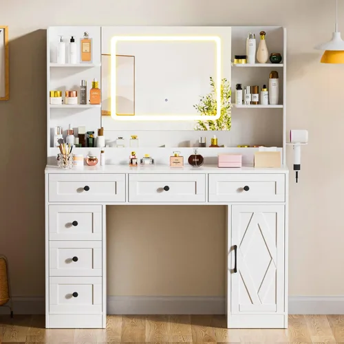 Miniatura 5 de COMHOMA Tocador de Maquillaje con Espejo y Luces, Mesa de Tocador Grande con 6 Cajones y 1 Armario de Almacenamiento, Mesa de Tocador Blanca