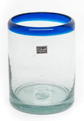 Juego de 6 vasos soplados a mano (10 onzas) de México con borde azul cobalto, cristalería de vidrio de burbujas reciclada, rústica y hecha a mano