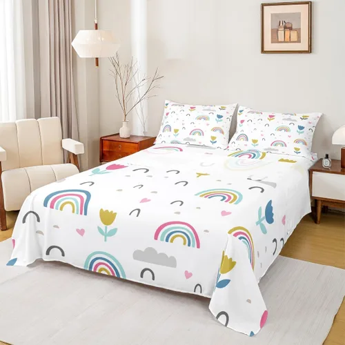Miniatura 11 de Outer Space - Juego de sábanas tamaño matrimonial para niñas y niños, diseño de arco iris, galaxia, estrellas, planeta, kawaii, pastel, rosa, azul
