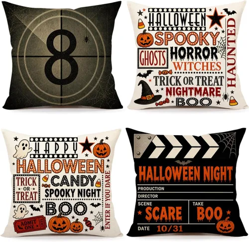 4TH Emotion Halloween Movie Theater Pillow Covers 18x18 Set of 4, Vintage Movie Room Accessories, TV Room Decorations, Retro Cinema Throw Cushion