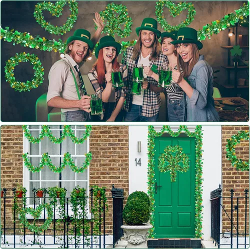 Miniatura 6 de Guirnalda decorativa de 33 pies para el día de San Patricio, guirnalda de oropel con sombrero de trébol verde dorado, guirnalda metálica brillante