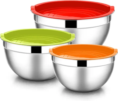E-far Tazones para mezclar con tapas, juego de 6 piezas de tazones para ensalada de acero inoxidable, tazones de metal anidables para hornear,
