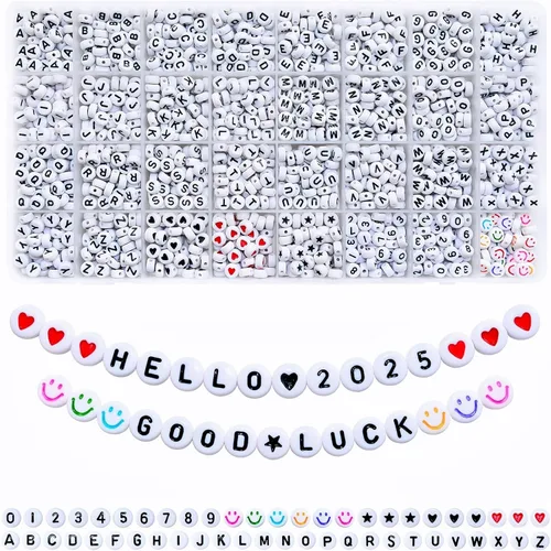 Amaney - 1600 piezas, cuentas de letras acrílicas de 4 x 7 mm, blancas, A-Z, 31 estilos para hacer joyería, pulseras, collares, llaveros Blanco y