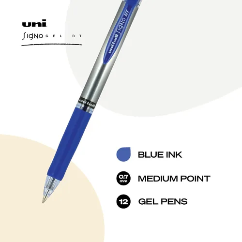 Miniatura 2 de Uniball Signo - Bolígrafo de gel retráctil, mediano de 0.028 in, tinta azul, barril con detalles azul/metálico, docena (paquete de 12)