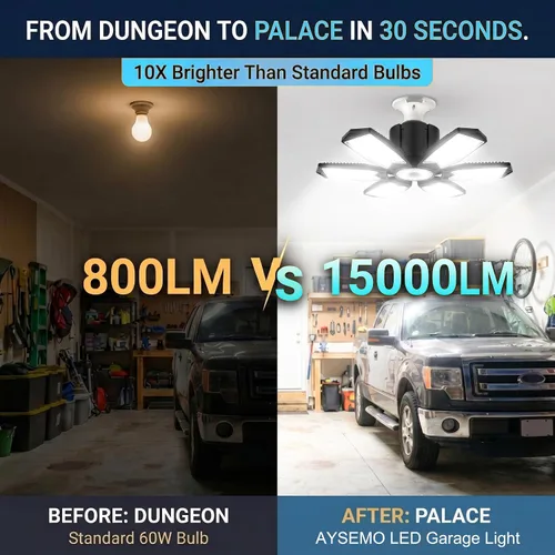 Miniatura 2 de Bombilla LED para garaje AYSEMO de 15000 lm - Luces LED de techo ajustables en 360° con 6+1 paneles deformables, 6500 K de luz diurna, base