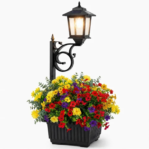 PASAMIC Macetas 2 en 1 para exteriores para flores reales o falsas, luces solares para poste de lámpara – montaje en pared o independiente, lámpara