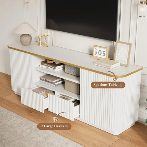 Miniatura 6 de QUW Soporte de TV acanalado de 70 pulgadas para televisores de hasta 80 pulgadas, moderno centro de entretenimiento con 2 cajones y gabinetes, Blanco