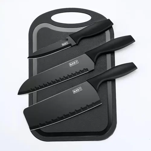 Miniatura 3 de Juego de cuchillos de cocina negros de 7 piezas con soporte y tabla de cortar, cuchillos de acero inoxidable antiadherentes con tijeras y pelador