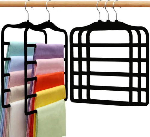 Miniatura 10 de Organizadores y almacenamiento de armario, paquete de 3 perchas de terciopelo para pantalones, ahorro de espacio, antideslizantes, organizador de 5