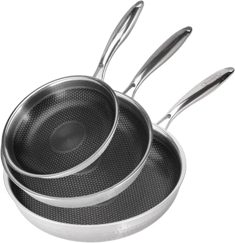 Juego de sartenes híbridos de acero inoxidable de 8, 10 y 12 pulgadas con revestimiento antiadherente, sartenes para freír sin PFOA, aptas para