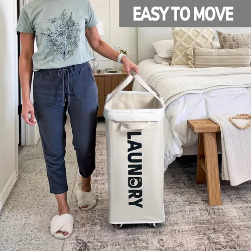 Miniatura 5 de Goodpick Cestas de lavandería con ruedas y asa, paquete de 2 cestas de lavandería plegables de 75L, cesta de lavandería para ropa con bolsas