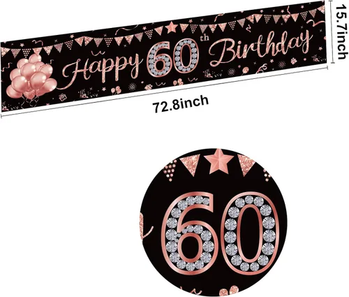 Miniatura 2 de Cartel de feliz cumpleaños 60 para mujer, suministros de fiesta de cumpleaños de 60 años de oro rosa, decoración de fondo para interiores