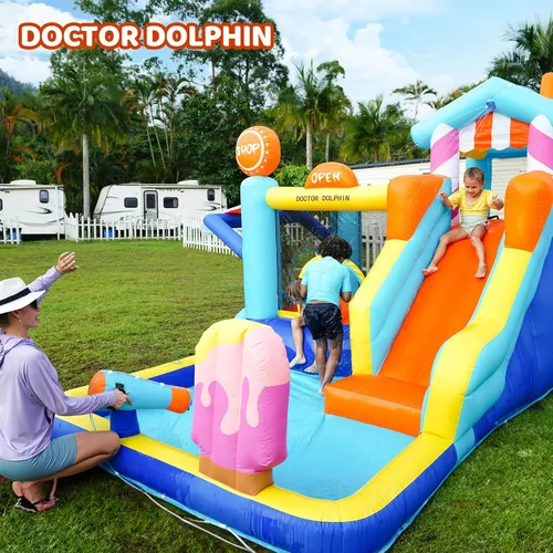 Miniatura 6 de Doctor Dolphin Casa de rebote de agua, parque inflable de tobogán acuático para niños, patio trasero, diversión al aire libre de verano con pistola