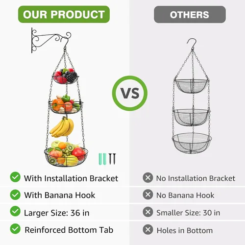 Miniatura 8 de HULISEN Cesta de frutas colgante de 3 niveles con gancho para plátano, cestas colgantes de alambre resistentes de 36 pulgadas para almacenamiento