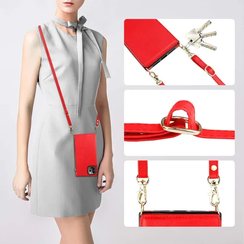 Miniatura 7 de Bocasal Funda tipo cartera cruzada para iPhone 11 Pro con tarjetero, protector de ranura para tarjetas con cremallera, a prueba de golpes, con Rojo