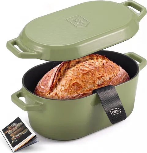 Miniatura 14 de KooK Horno holandés, para hornear pan, molde para pan de masa madre, con tapa, asas dobles, hierro fundido esmaltado, incluye palanca de tapa, apto