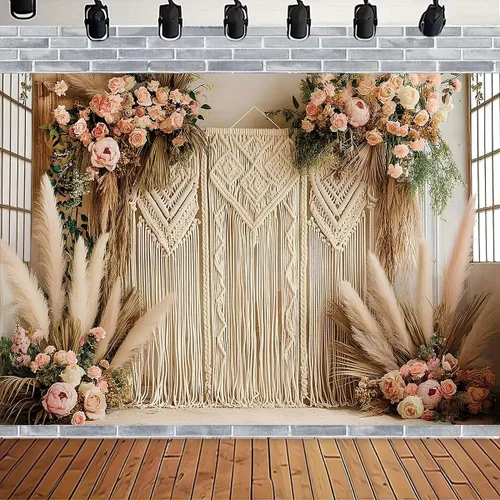 Fondo de fotografía de césped bohemio de las pampas, fondo retro bohemio para fotografía de ventana, telón de fondo bohemio para habitación de