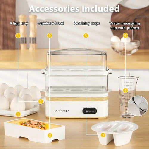 Miniatura 9 de Evoloop Olla de Huevos Rápida Eléctrica de 12 Huevos de Capacidad, para Huevos Blandos, Medianos, Duros, Escalfados, Fabricante de Tortillas, Blanco