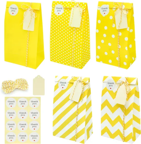 SMINTINE Paquete de 30 bolsas de papel amarillo con calcomanías de agradecimiento, etiquetas de papel, cuerda de algodón para panaderos, bolsas de