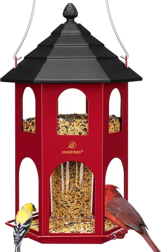 Kingsyard Comedero de metal para colgar en exteriores, comederos para pájaros silvestres con percha circular, fácil de limpiar y rellenar, gran