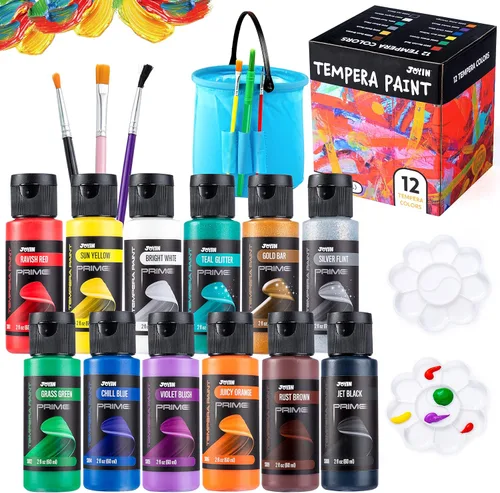 JOYIN Juego de 12 pinturas de témpera lavables para niños (2 onzas cada uno), 6 pinceles, 2 paletas y 1 cubo de lavado elástico, pintura líquida no