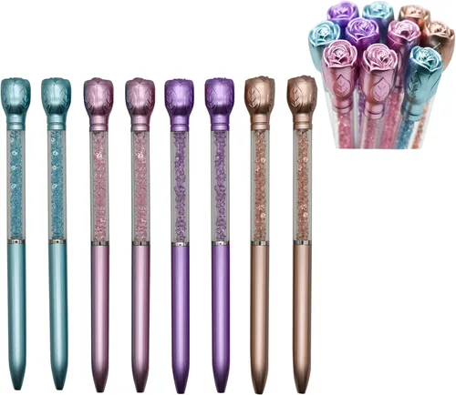 Maydahui 12 bolígrafos retráctiles con diseño de rosas y flores, de cristal, de arena movediza, tinta negra, para escuela, boda, fiesta