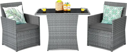 Miniatura 12 de Tangkula Patiojoy - Juego de comedor de 3 piezas de ratán PE que ahorra espacio, con mesa superior de vidrio templado y sillas acolchadas, juego