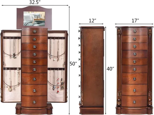 Miniatura 7 de Giantex Armario de joyería grande con 8 cajones y 2 puertas oscilantes 16 ganchos cajas de espejo superior soporte de pecho de almacenamiento